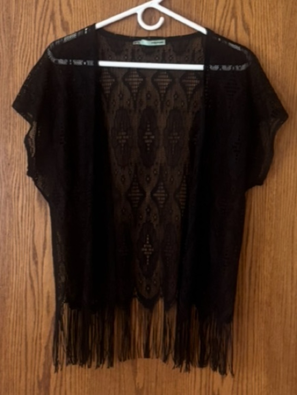 Black Lace Fringe Hem Short Sleeve Boho Kimono Top S/M Sheer Festival Cover Up